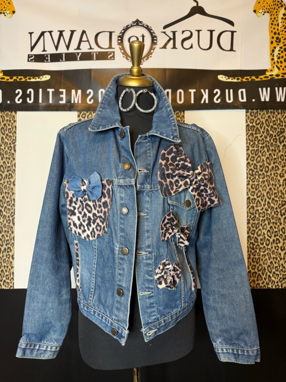 Women’s Blue Denim Jacket with Leopard Bow Accents